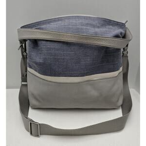 FOSSIL Maya Gray Denim Hobo Shoulder Bag Purse Pebbled Leather Fabric